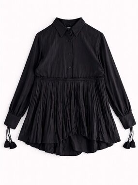 Turnblack Black Pleated Tassel Tunic Blouse Large Boho Goth Romantic